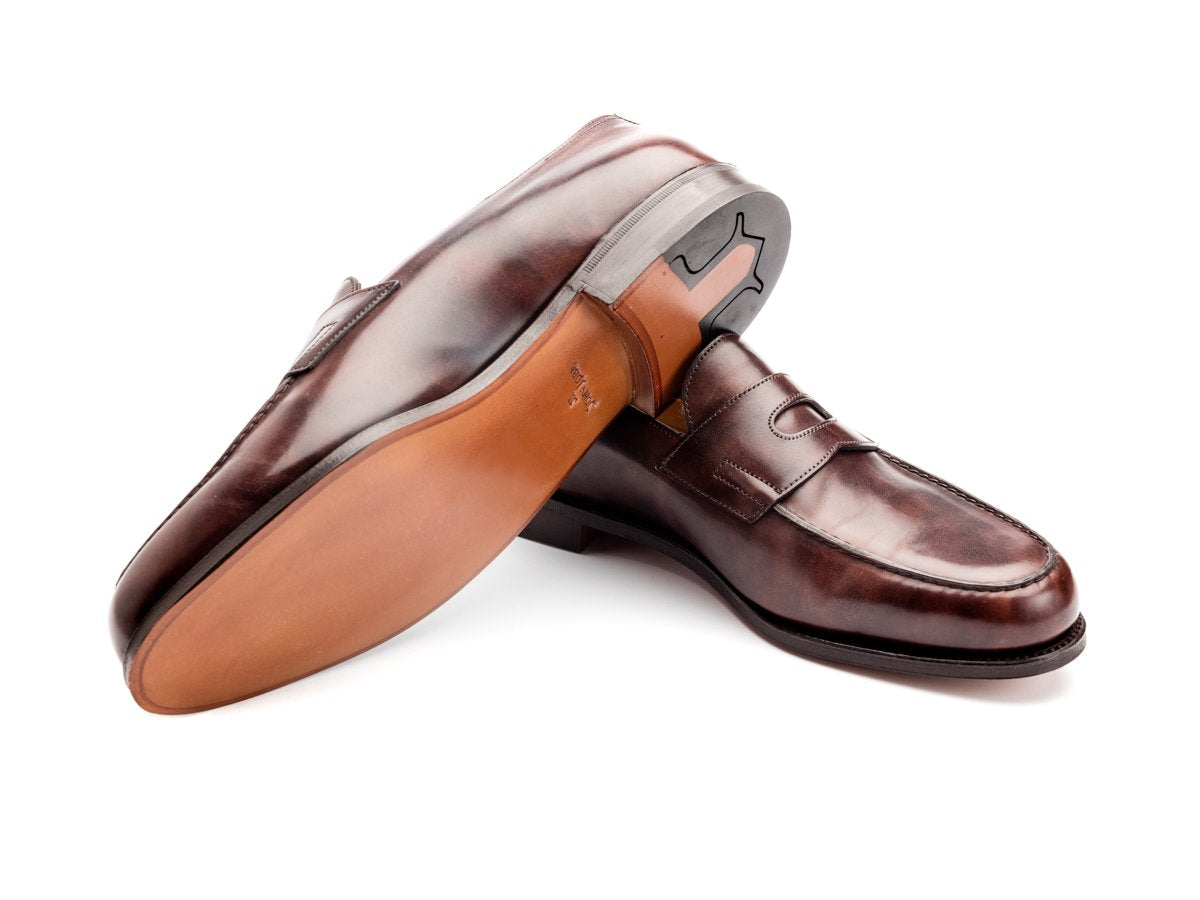 Classic leather sole of John Lobb Lopez penny loafers in dark brown museum calf