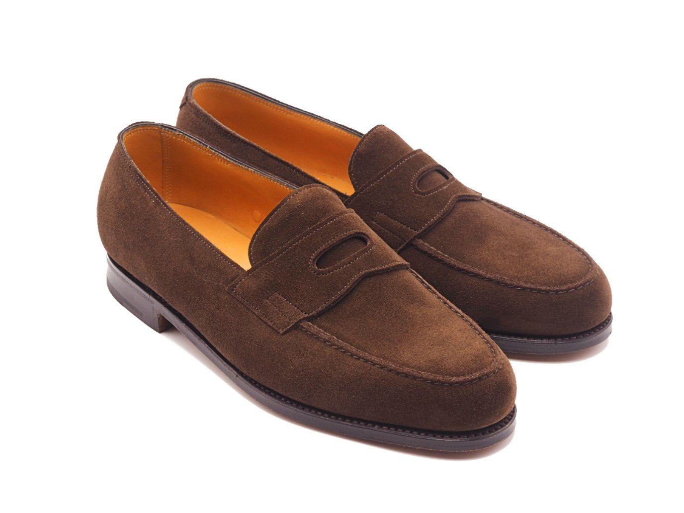 Front angle view of John Lobb Lopez penny loafers in dark brown suede