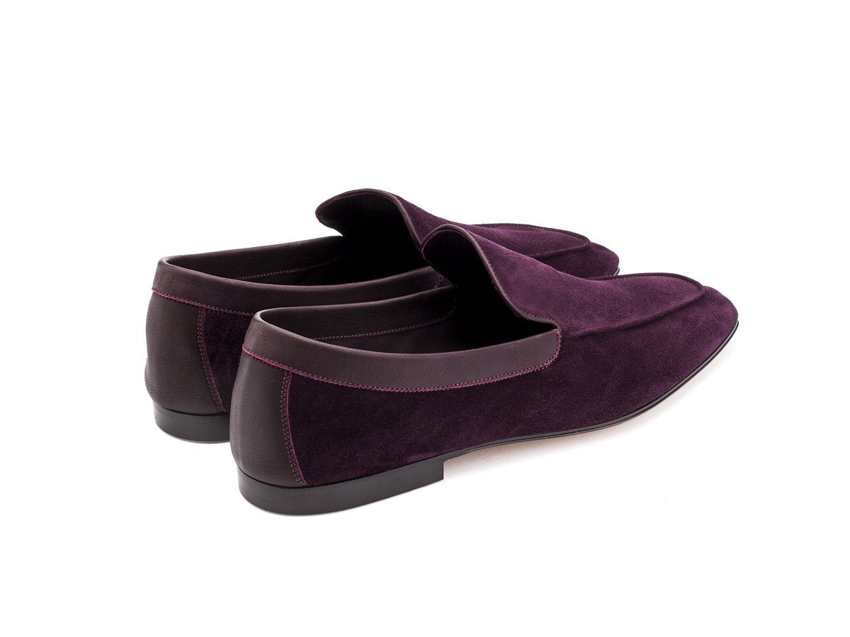 Back angle view of John Lobb Lounge house slippers in aubergine suede