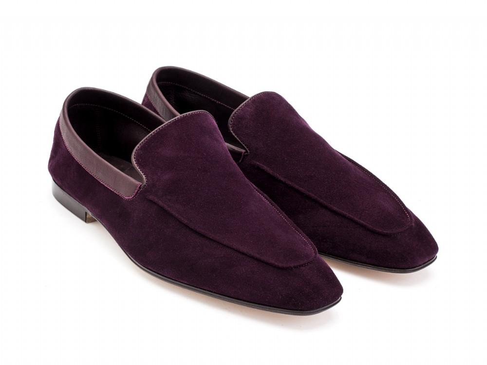 Front angle view of John Lobb Lounge house slippers in aubergine suede