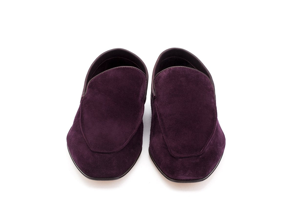Front view of John Lobb Lounge house slippers in aubergine suede