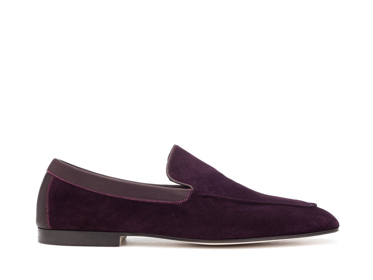 Side view of John Lobb Lounge house slippers in aubergine suede