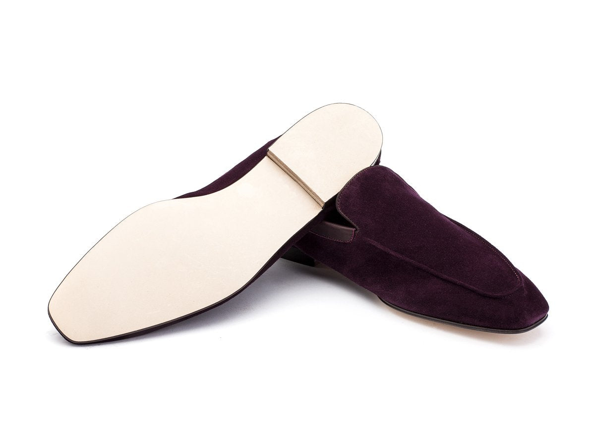 Leather sole of John Lobb Lounge house slippers in aubergine suede