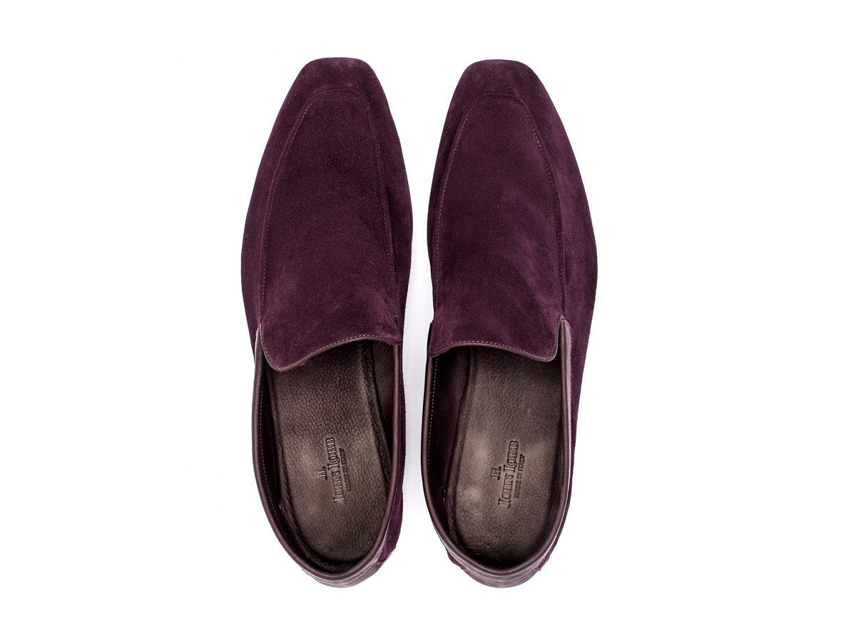 Top view of John Lobb Lounge house slippers in aubergine suede