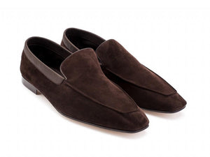 Front angle view of John Lobb Lounge house slippers in oscuro suede