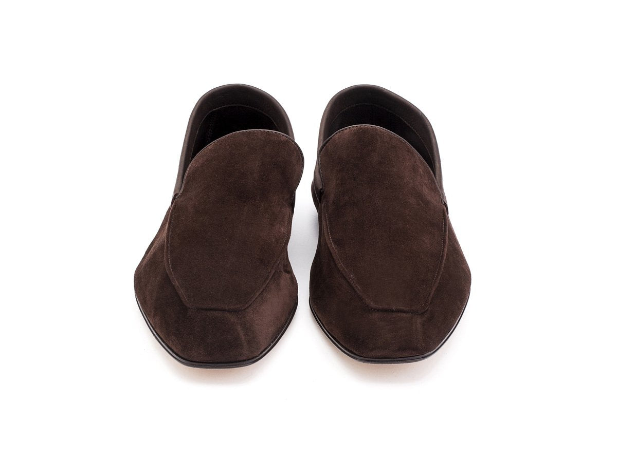 Front view of John Lobb Lounge house slippers in oscuro suede