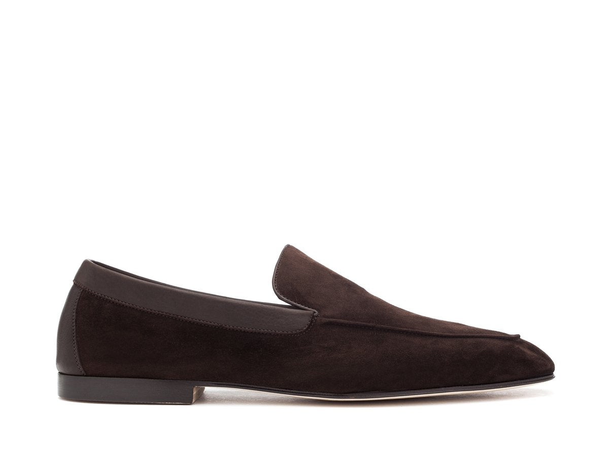 Side view of John Lobb Lounge house slippers in oscuro suede