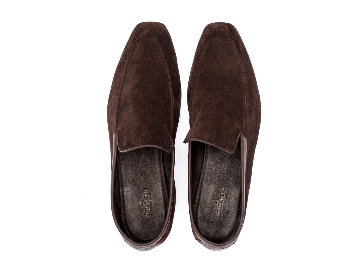Top view of John Lobb Lounge house slippers in oscuro suede