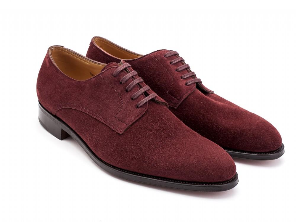 Front angle view of EE width John Lobb Penzance plain toe derby shoes in burgundy suede