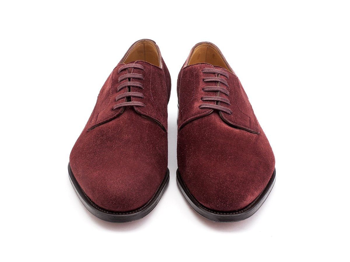 Front view of EE width John Lobb Penzance plain toe derby shoes in burgundy suede