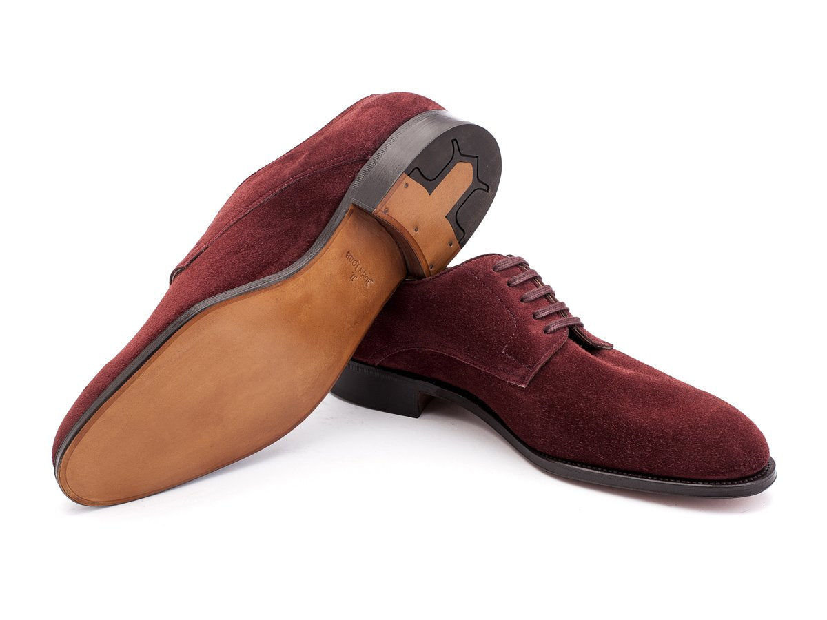 Classic leather sole of EE width John Lobb Penzance plain toe derby shoes in burgundy suede