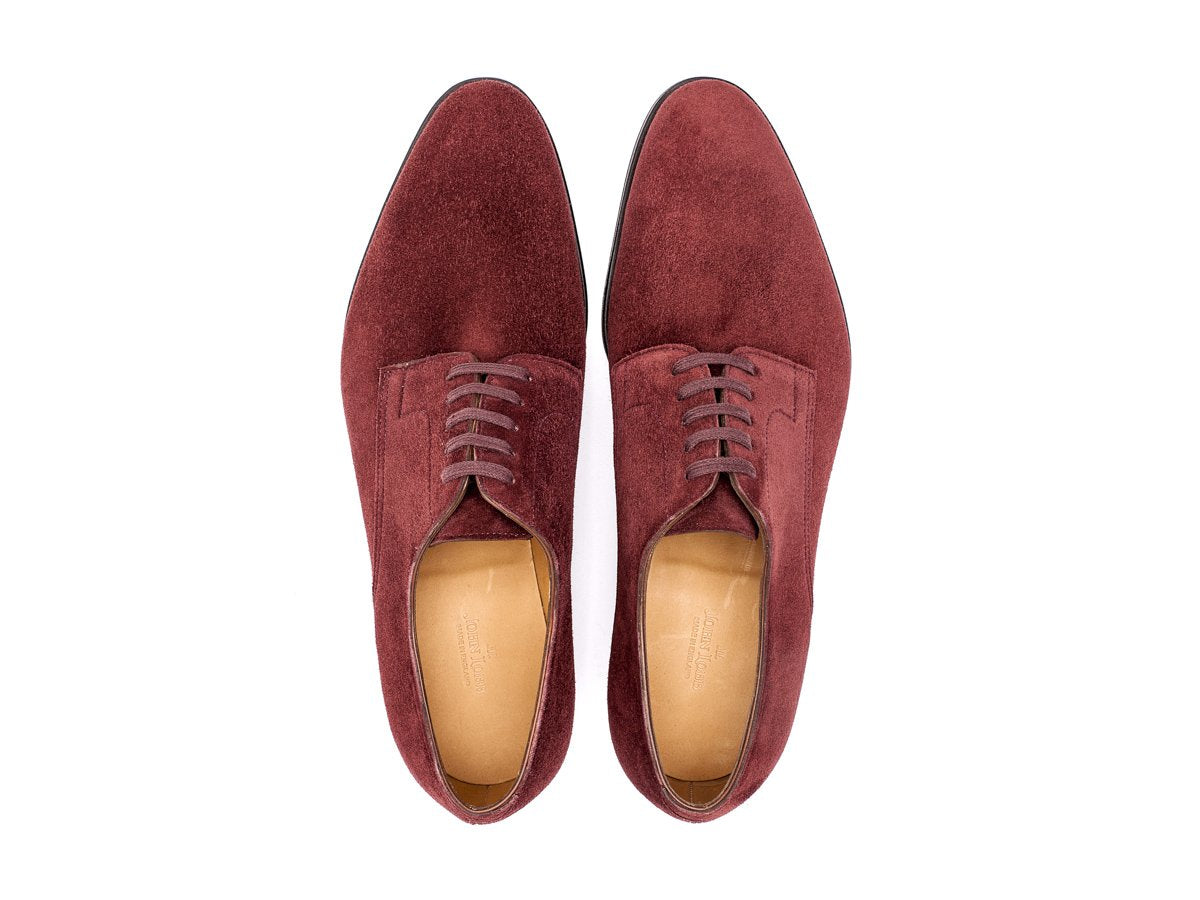 Top view of EE width John Lobb Penzance plain toe derby shoes in burgundy suede