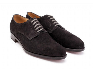 Front angle view of EE width John Lobb Penzance plain toe derby shoes in dark grey suede