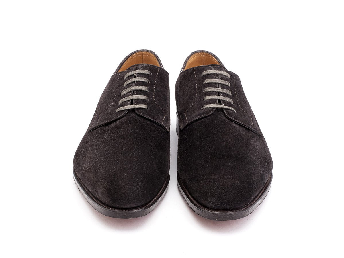 Front view of EE width John Lobb Penzance plain toe derby shoes in dark grey suede