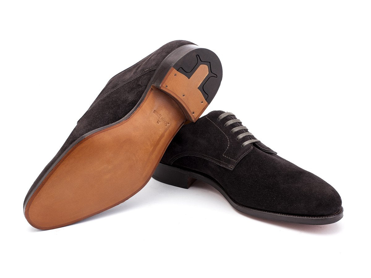 Classic leather sole of EE width John Lobb Penzance plain toe derby shoes in dark grey suede