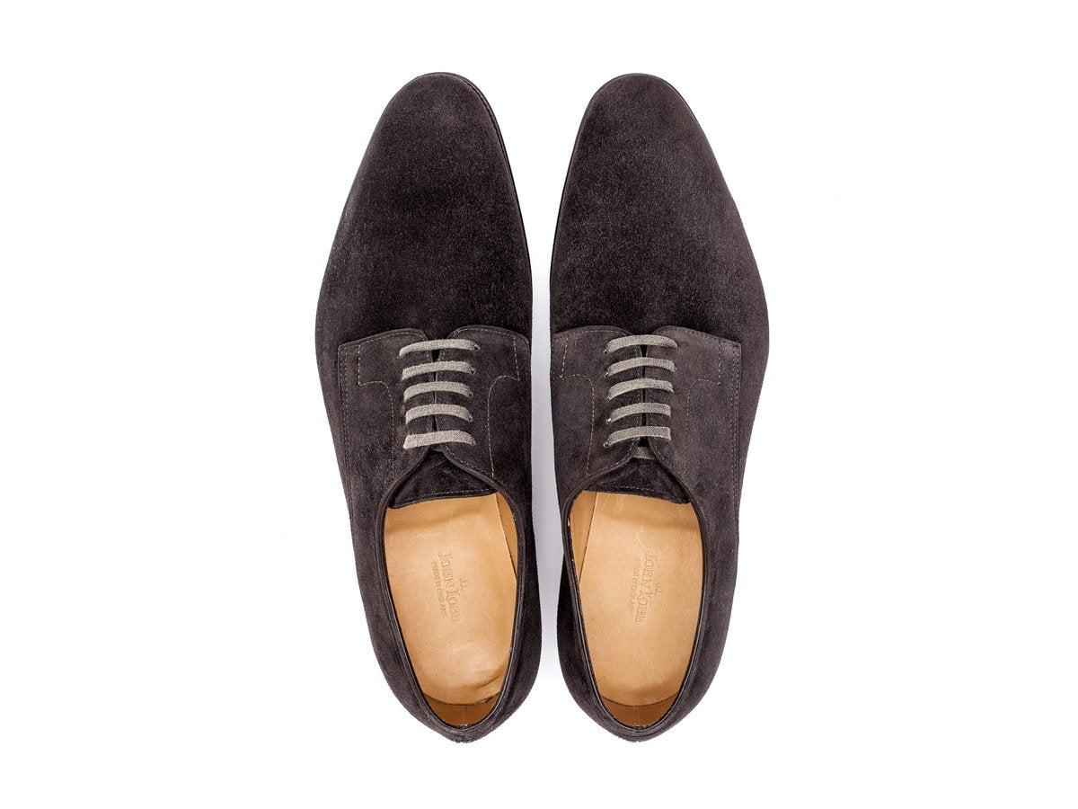 Top view of EE width John Lobb Penzance plain toe derby shoes in dark grey suede