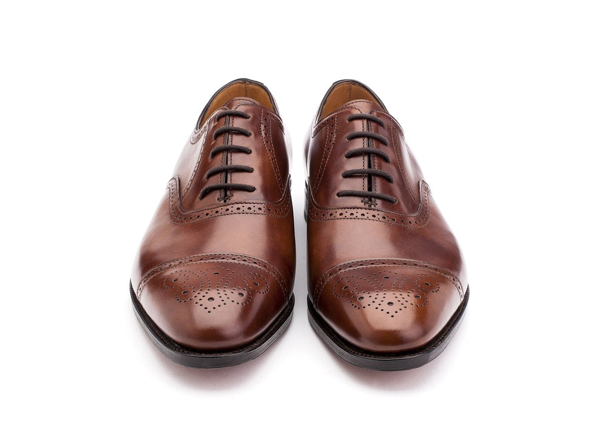 Front view of EE width John Lobb Saunton half brogue oxford shoes in bracken misty calf