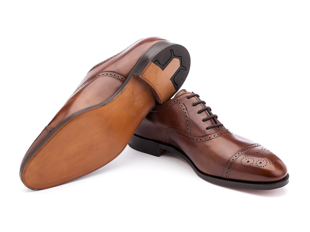 Classic leather sole of EE width John Lobb Saunton half brogue oxford shoes in bracken misty calf