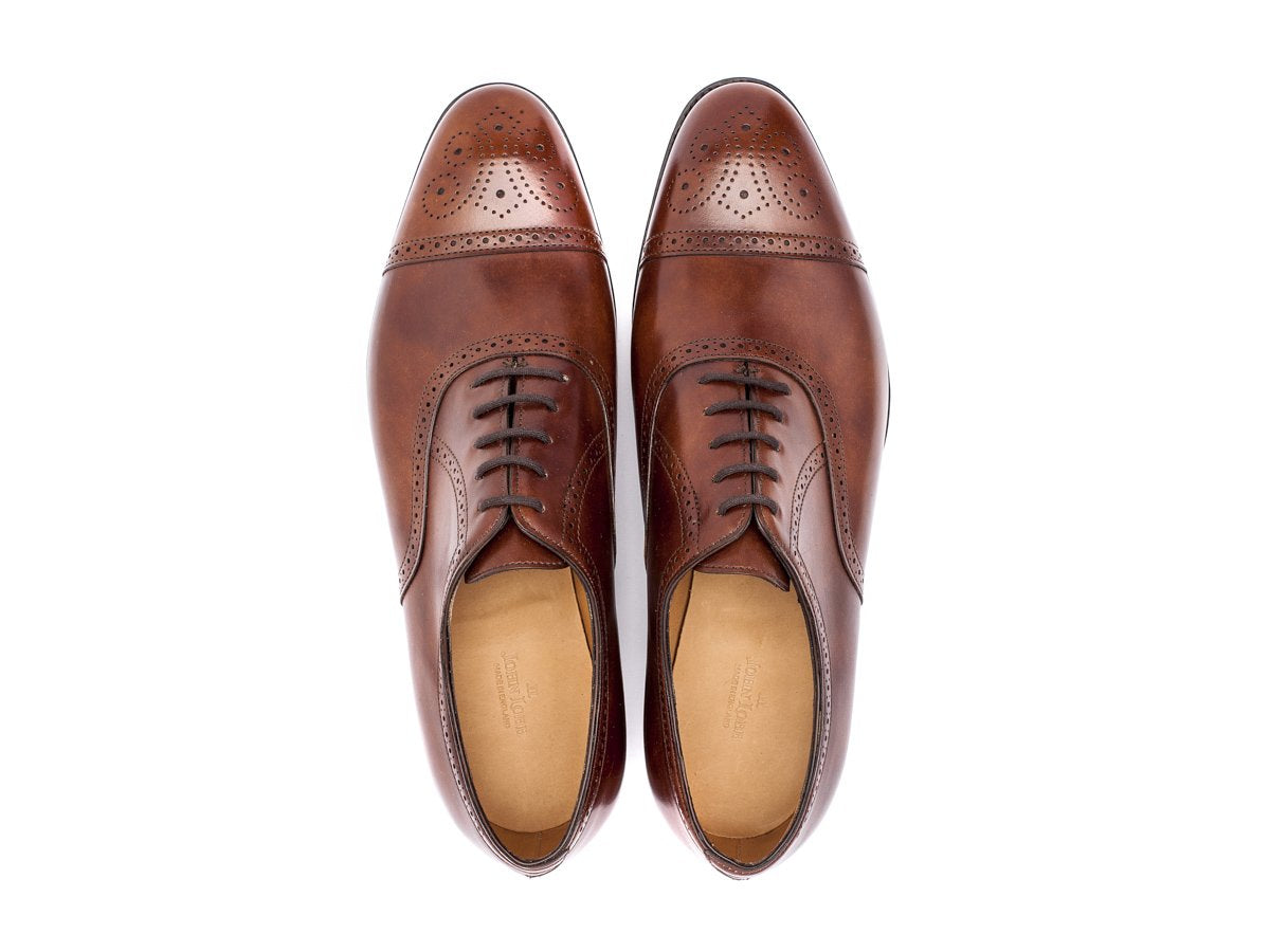 Top view of EE width John Lobb Saunton half brogue oxford shoes in bracken misty calf