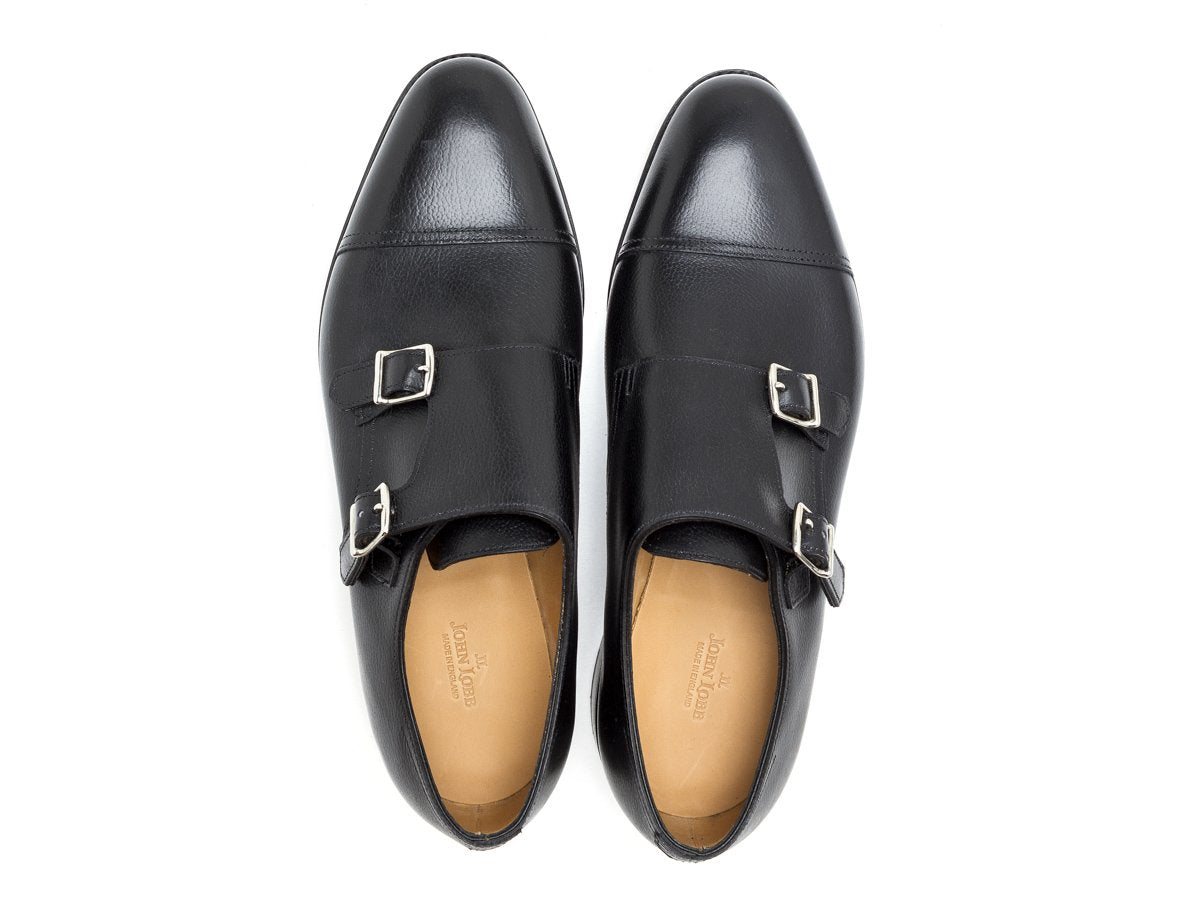 Top view of John Lobb William captoe double monk strap shoes in black buffalo calf