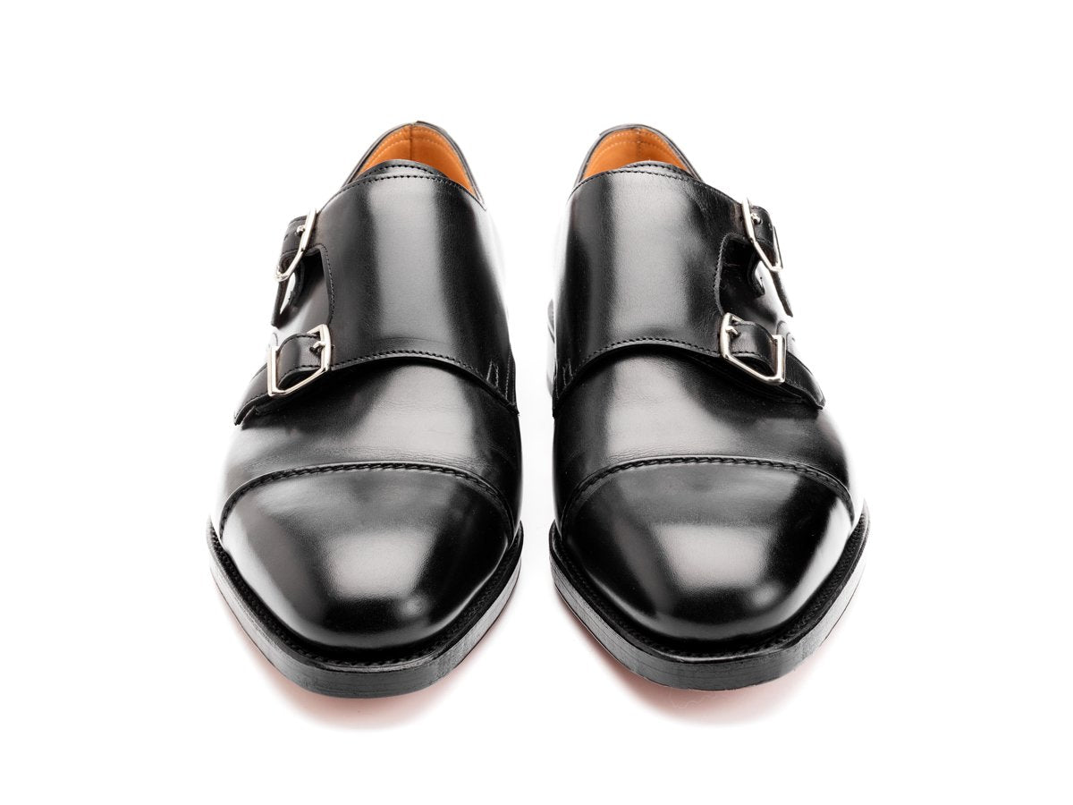 Front view of EE width John Lobb William II captoe double monk strap shoes in black calf