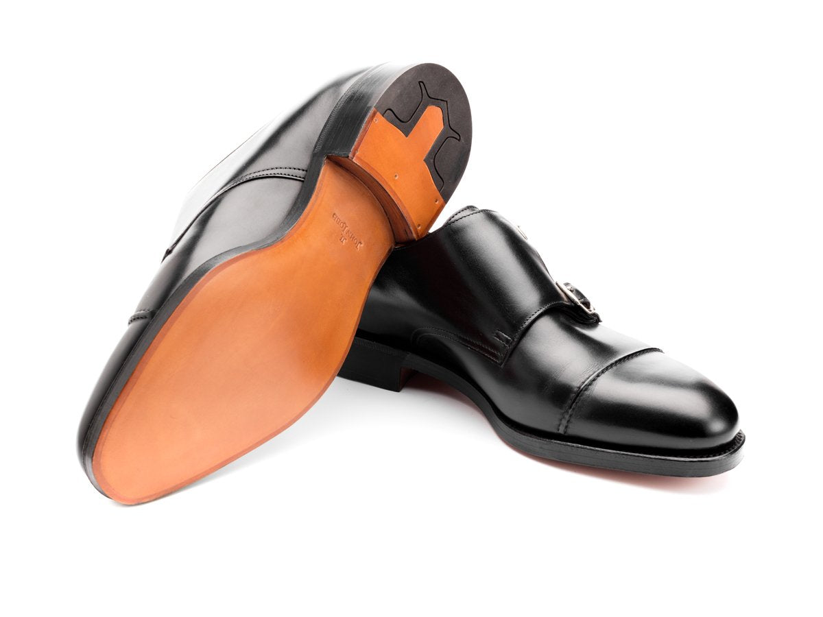 Classic leather sole of EE width John Lobb William II captoe double monk strap shoes in black calf