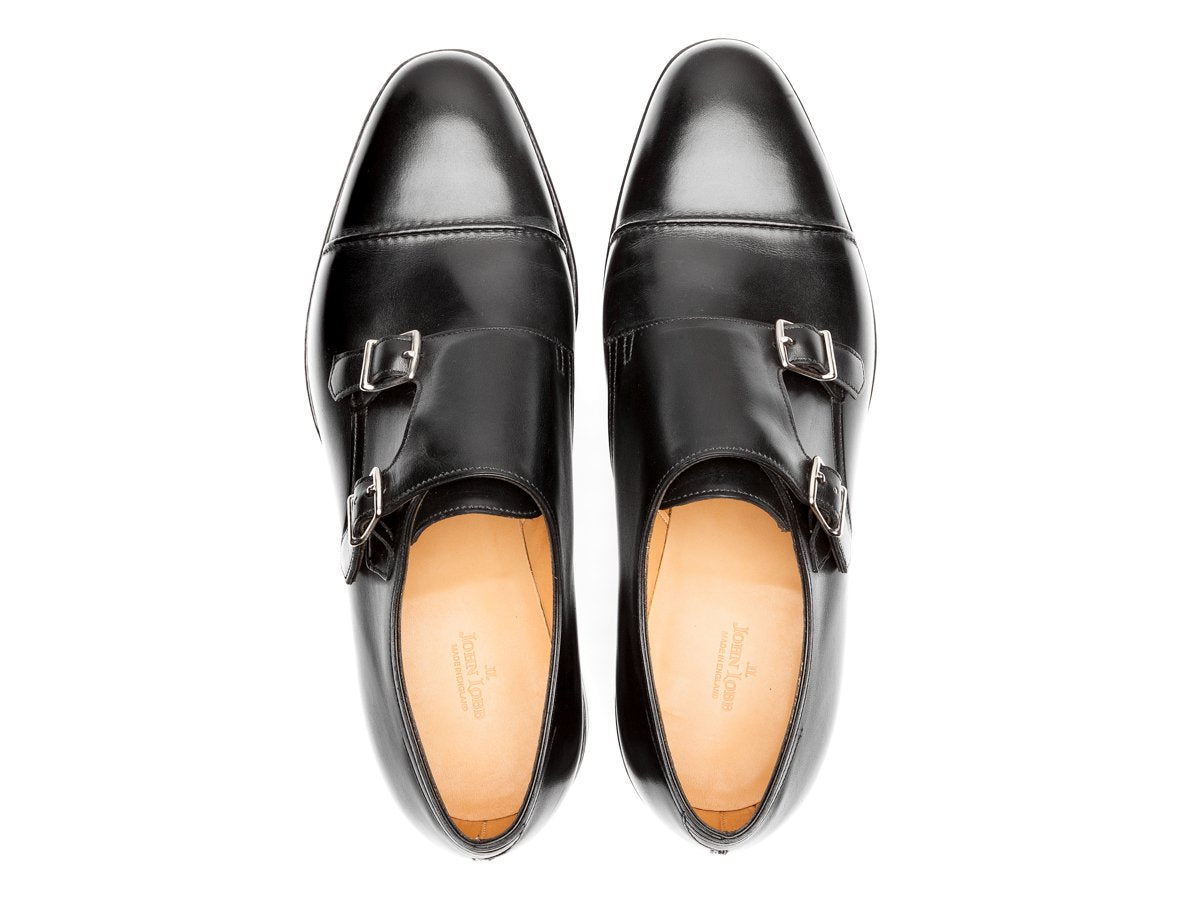 Top view of EE width John Lobb William II captoe double monk strap shoes in black calf