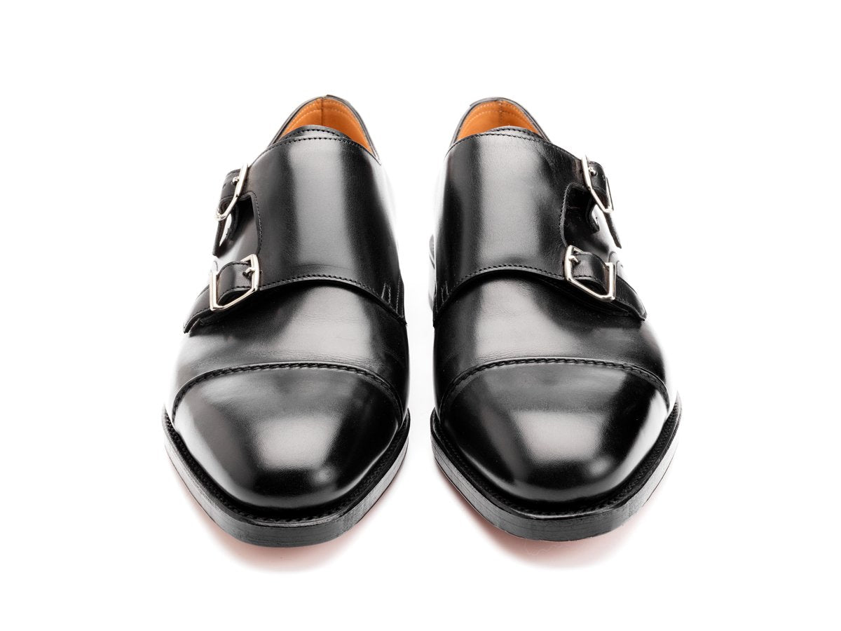 Front view of John Lobb William II captoe double monk strap shoes in black calf