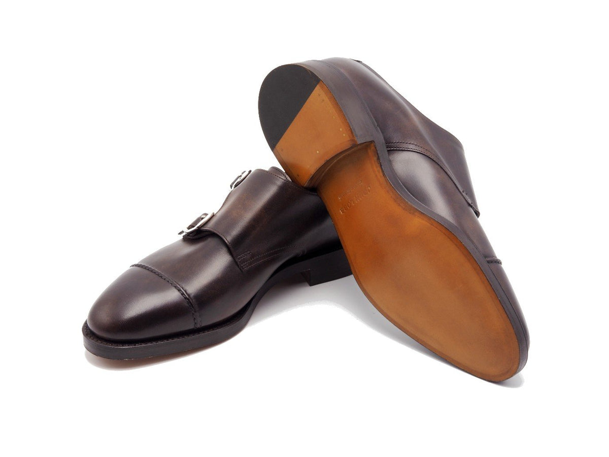 Classic leather sole of John Lobb William II captoe double monk strap shoes in dark brown museum calf