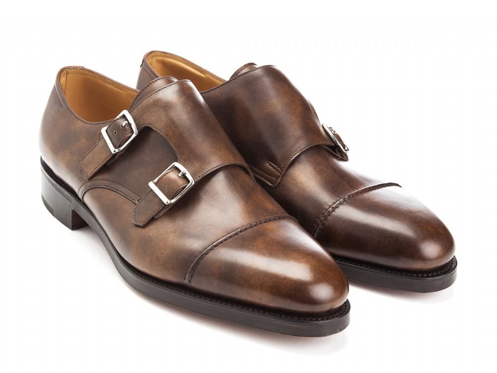 Front angle view of John Lobb William II captoe double monk strap shoes in parisian brown museum calf