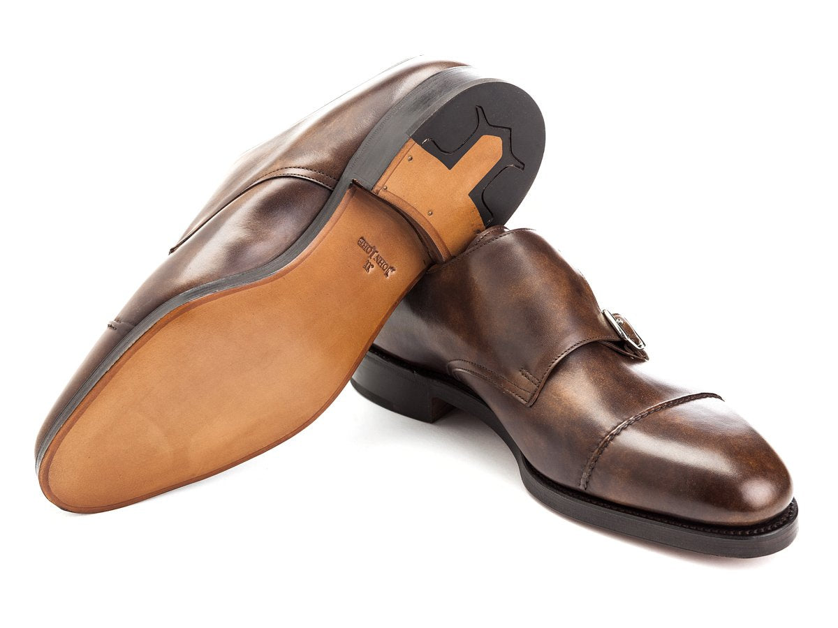 Classic leeather sole of John Lobb William II captoe double monk strap shoes in parisian brown museum calf