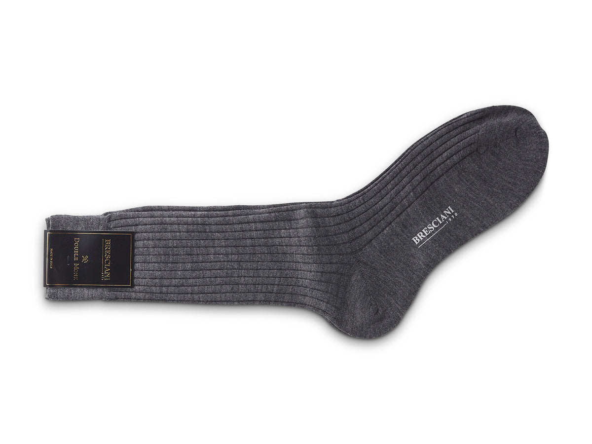 Calf Length 100% Wool Socks Plain Ribbed Grey