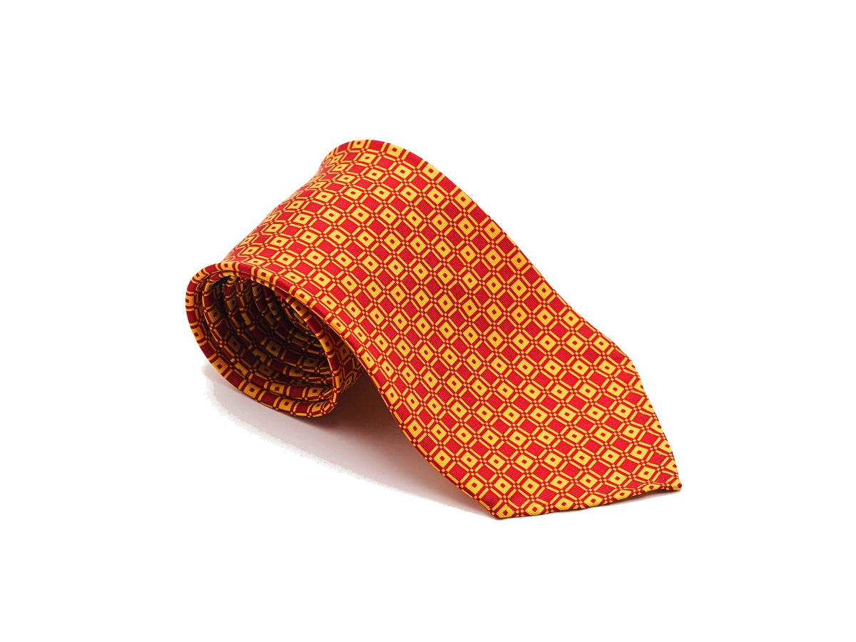 Unlined Seven Fold Silk Tie Square Pattern Red Yellow