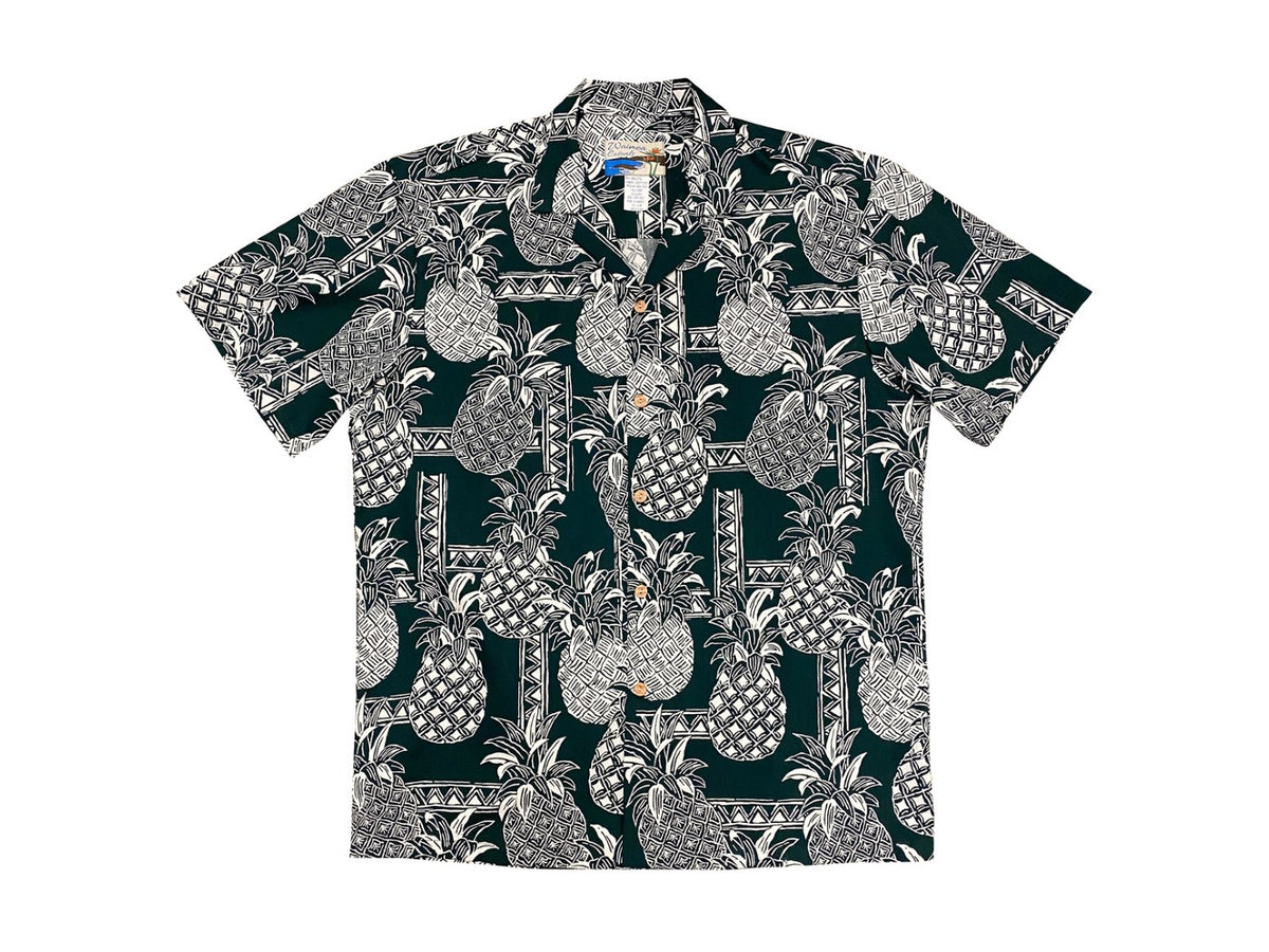 Aloha Shirt Cotton Tapa Pineapple Forest Green