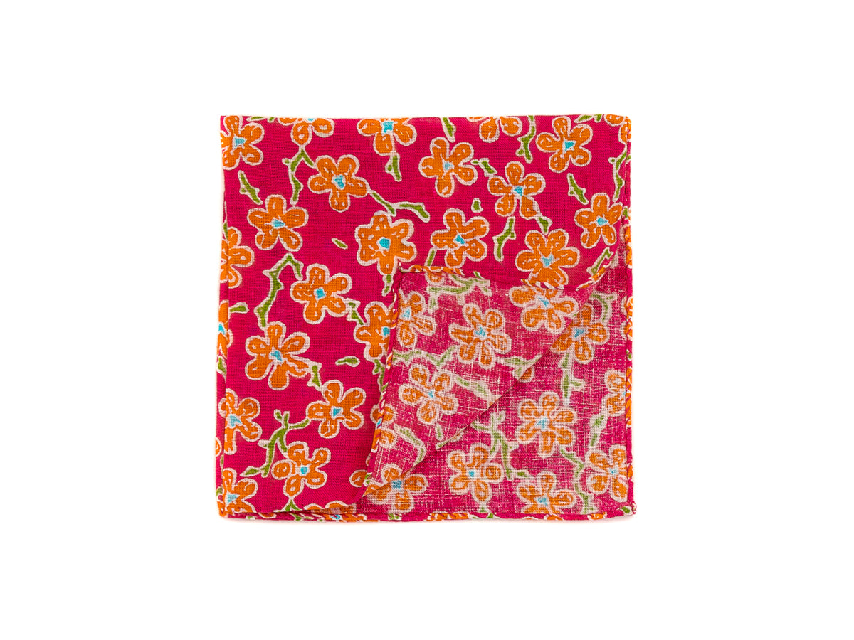 Cotton Pocket Square Flower Pink & Orange